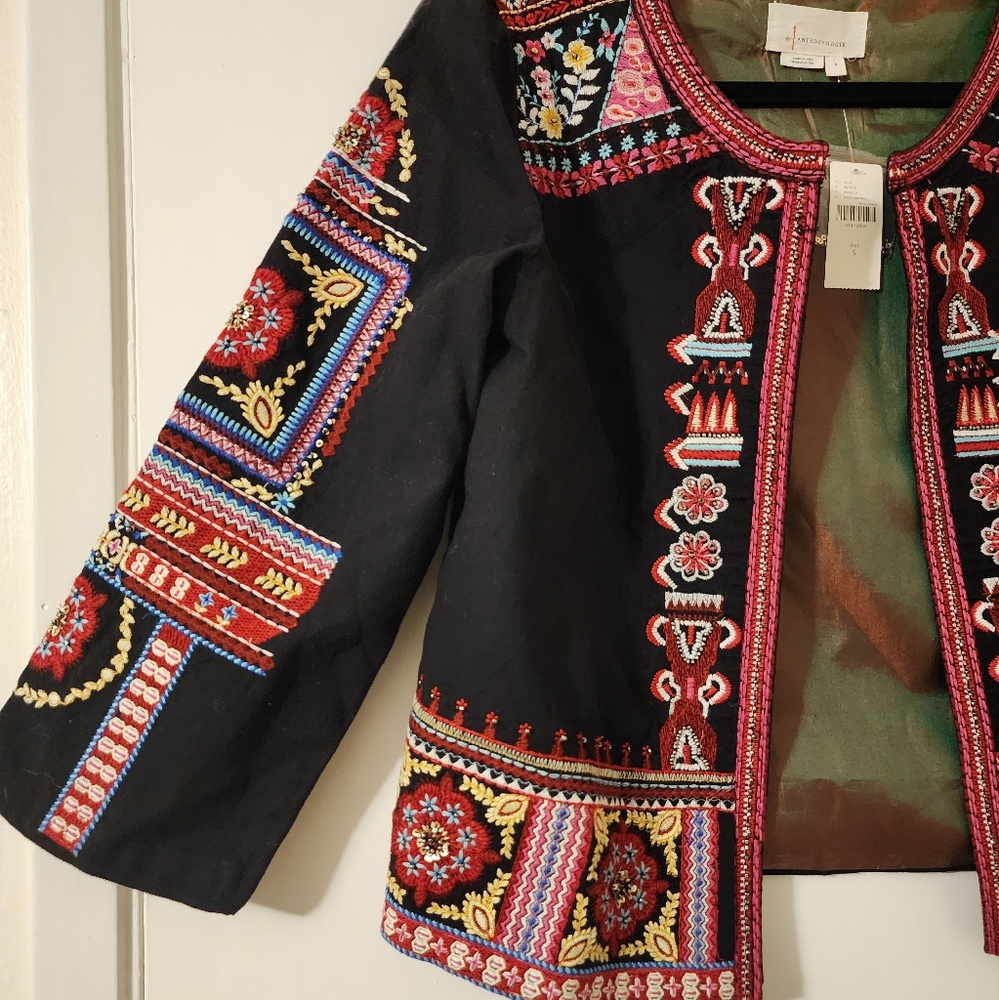 Anthropologie NWT $180 Abstract Colorful Embroidered Floral Cotton Boho Jacket S - Picture 5 of 11